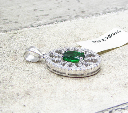 925 Sterling Silver  Green Topaz & White Cubic Zirconia Drop Pendant  PT1515
