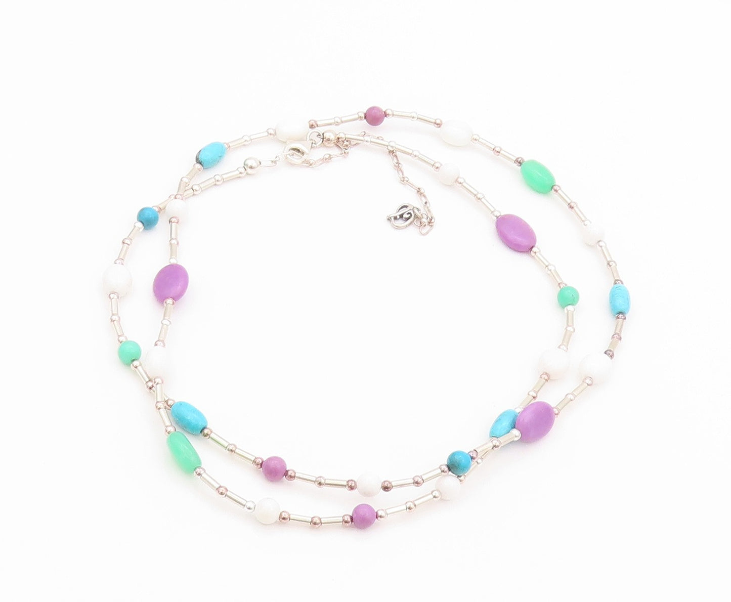 925 Sterling Silver Vintage Necklace Cabochon Turquoise Jade & Gemstone  NE4511