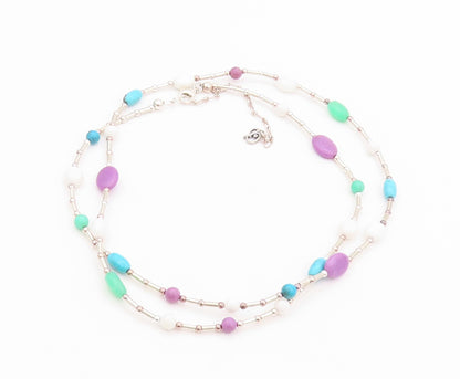 925 Sterling Silver Vintage Necklace Cabochon Turquoise Jade & Gemstone  NE4511