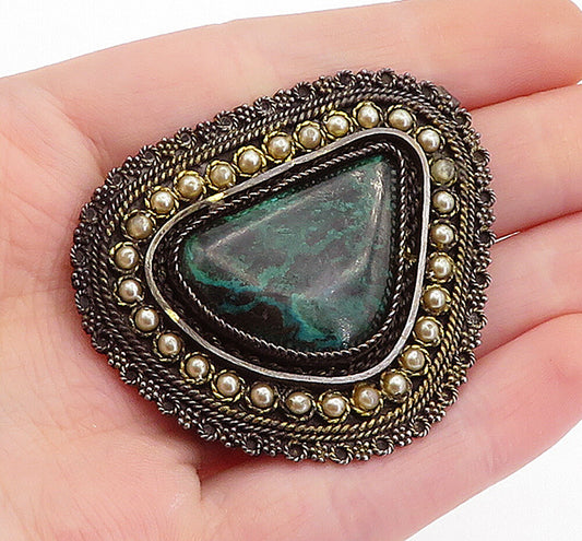 ISRAEL 925 Sterling Silver  Vintage Pearls & Eilat Stone Brooch Pin  BP2050