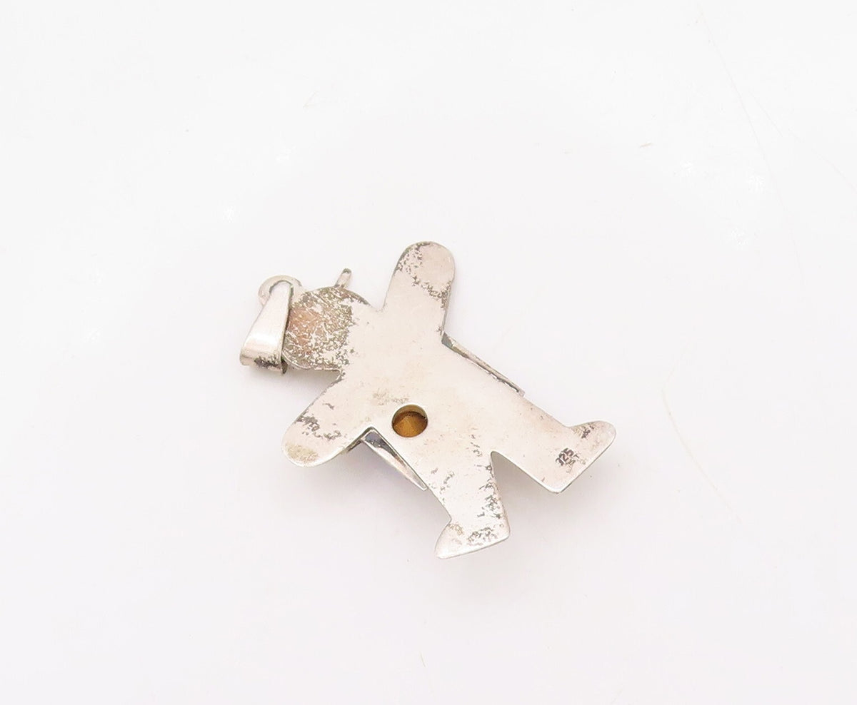 925 Sterling Silver Vintage Pendant Solid Carved Boy With Blue CZ Heart  PT23652