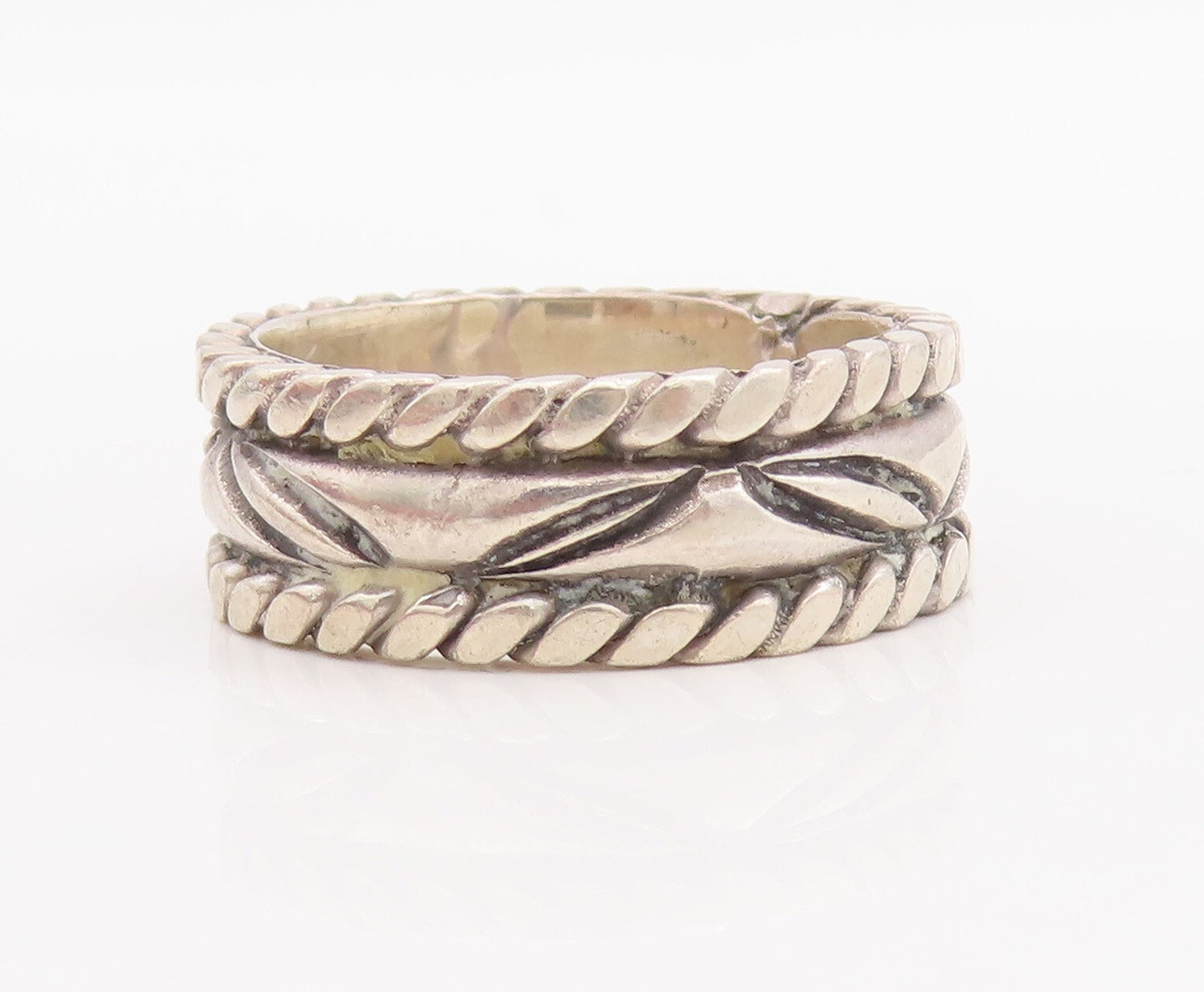 925 Sterling Silver Vintage Ring Solid Bordered Etched Leaves   Sz 10  RG28909