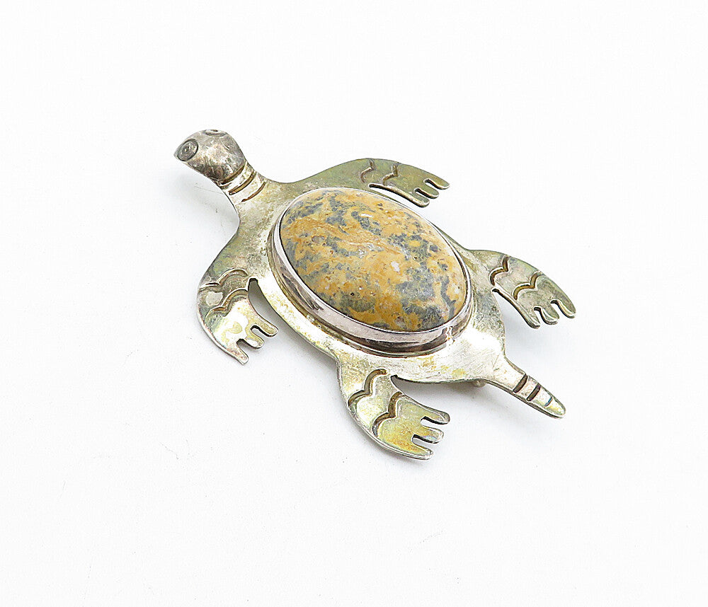 MEXICO 925 Sterling Silver  Vintage Jasper Sea Turtle Motif Brooch Pin  BP1567