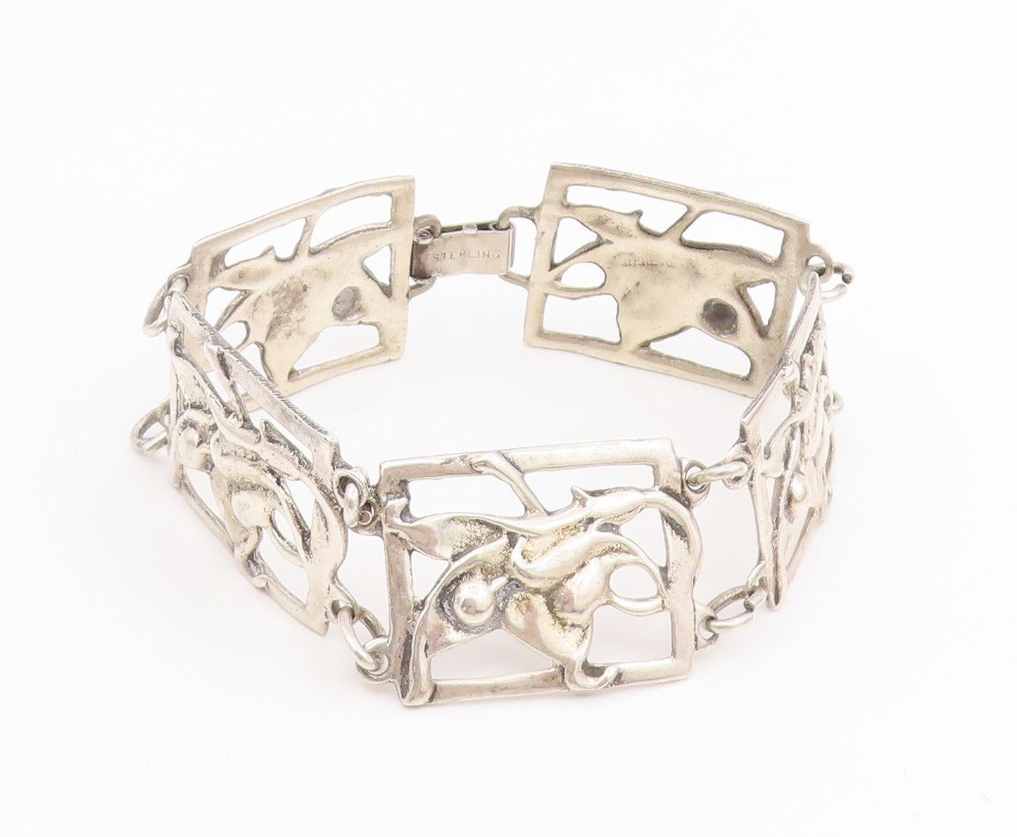 925 Sterling Silver Vintage Bracelet Antique Openwork Floral Panel Link  BT11632