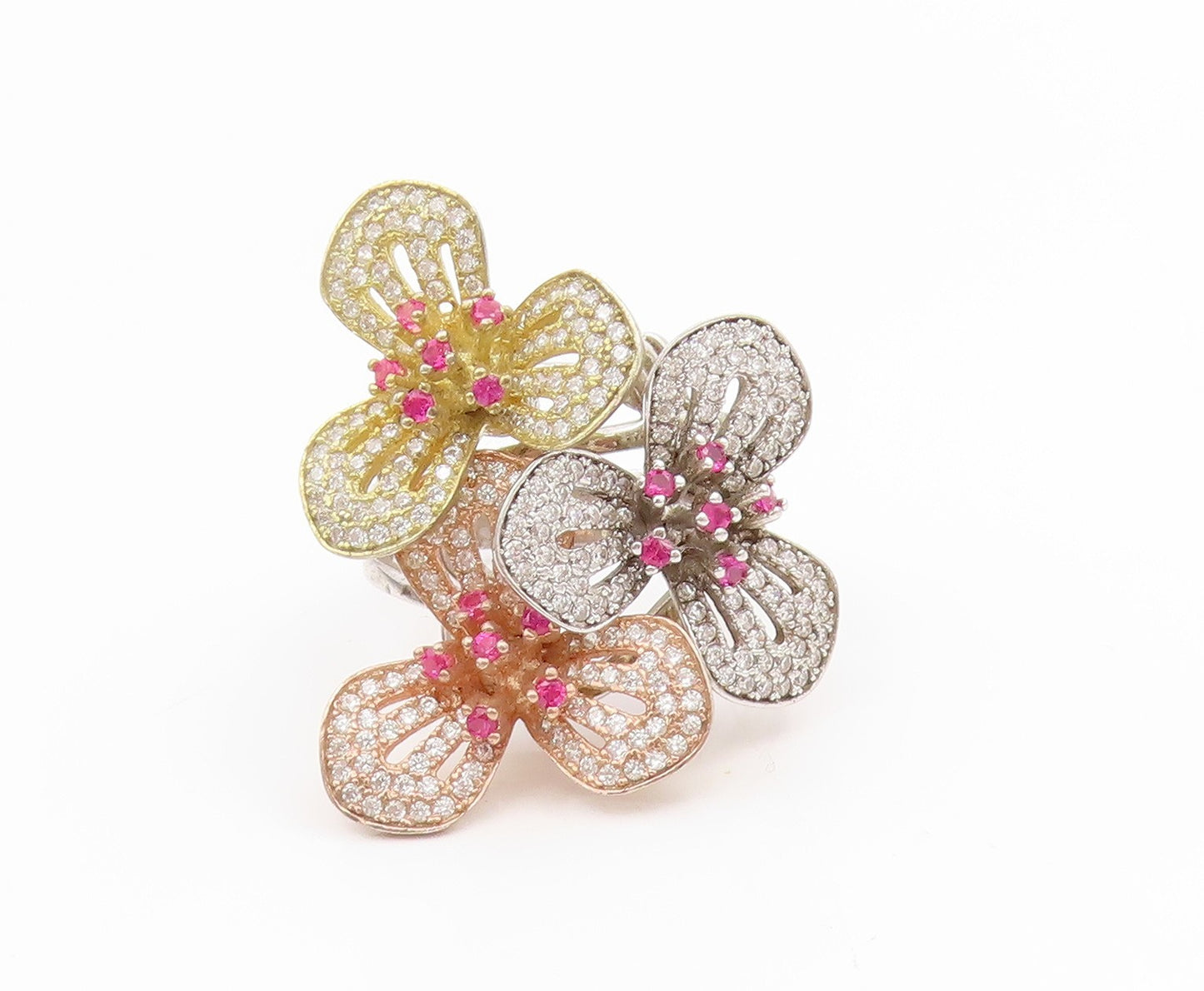 925 Sterling Silver Vintage Ring Pink Topaz & CZ Floral Petals  Sz 8  RG34536