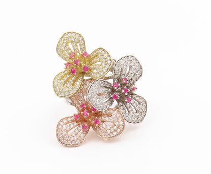 925 Sterling Silver Vintage Ring Pink Topaz & CZ Floral Petals  Sz 8  RG34536