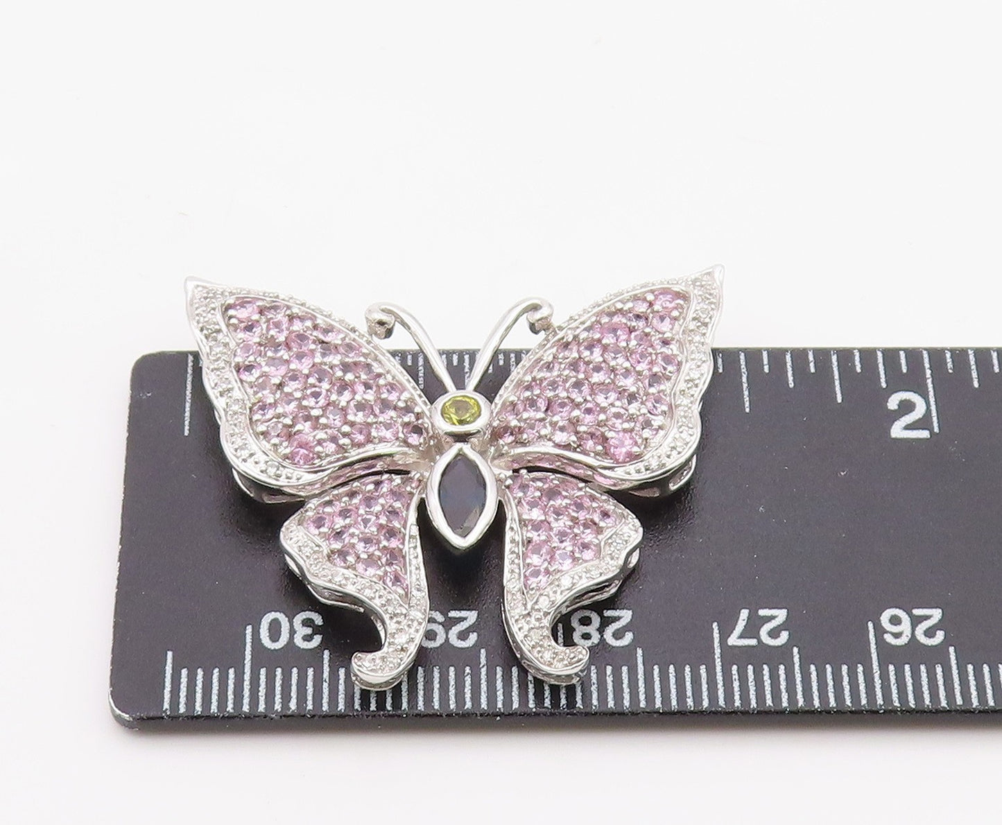 925 Sterling Silver Vintage Pendant Real Diamonds & Gemstone Butterfly  PT26338