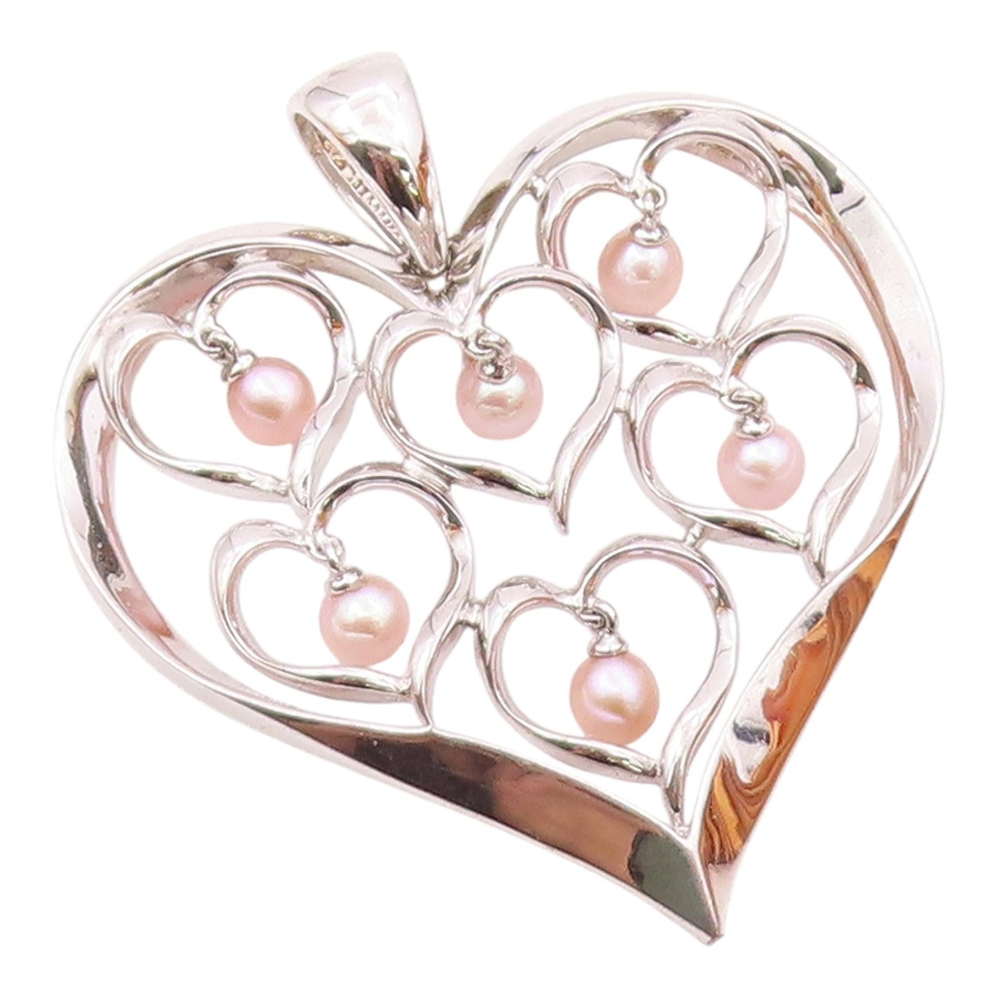 925 Sterling Silver  Dangling Pink Pearls Open Love Hearts Pendant  PT7919