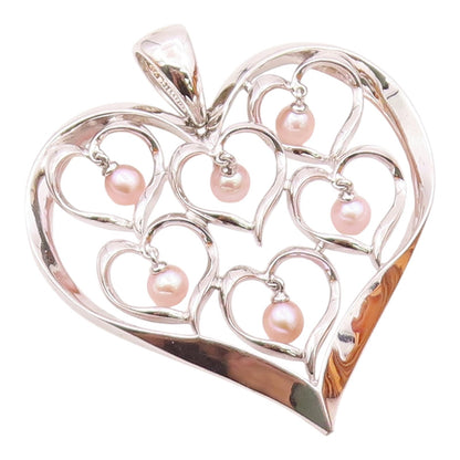 925 Sterling Silver  Dangling Pink Pearls Open Love Hearts Pendant  PT7919