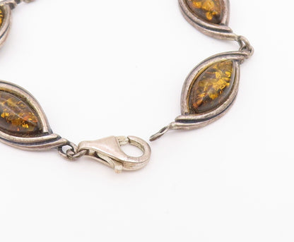 925 Sterling Silver Vintage Bracelet Green Baltic Amber Marquise Link  BT12178