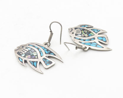 MEXICO 925 Silver  Vintage Abalone & Turquoise Fish Drop Earrings  EG6045