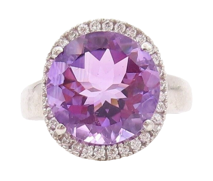 925 Sterling Silver Vintage Ring Round Cut Amethyst Halo CZ  Sz 7.5  RG29571
