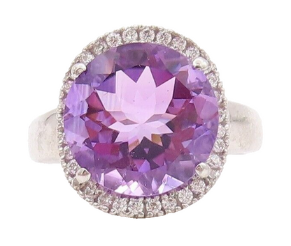 925 Sterling Silver Vintage Ring Round Cut Amethyst Halo CZ  Sz 7.5  RG29571
