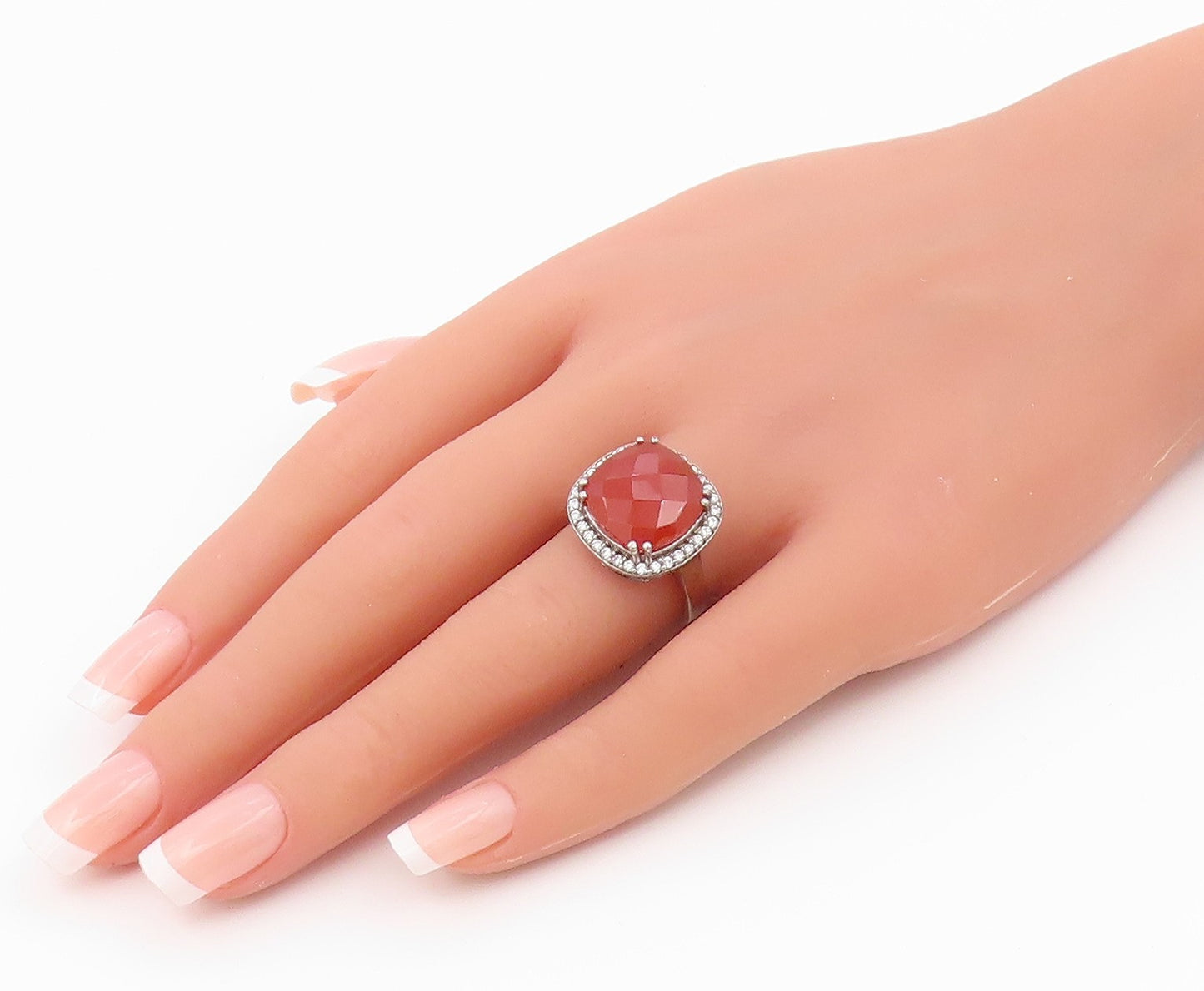 925 Sterling Silver Vintage Ring Faceted Carnelian Halo CZ Band  Sz 7.5  RG36552