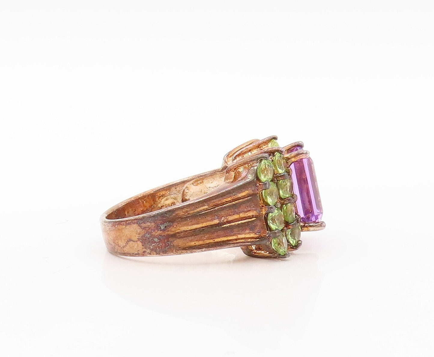925 Sterling Silver Vintage Ring Rose Gold Plated Amethyst Peridot Sz 8  RG30639