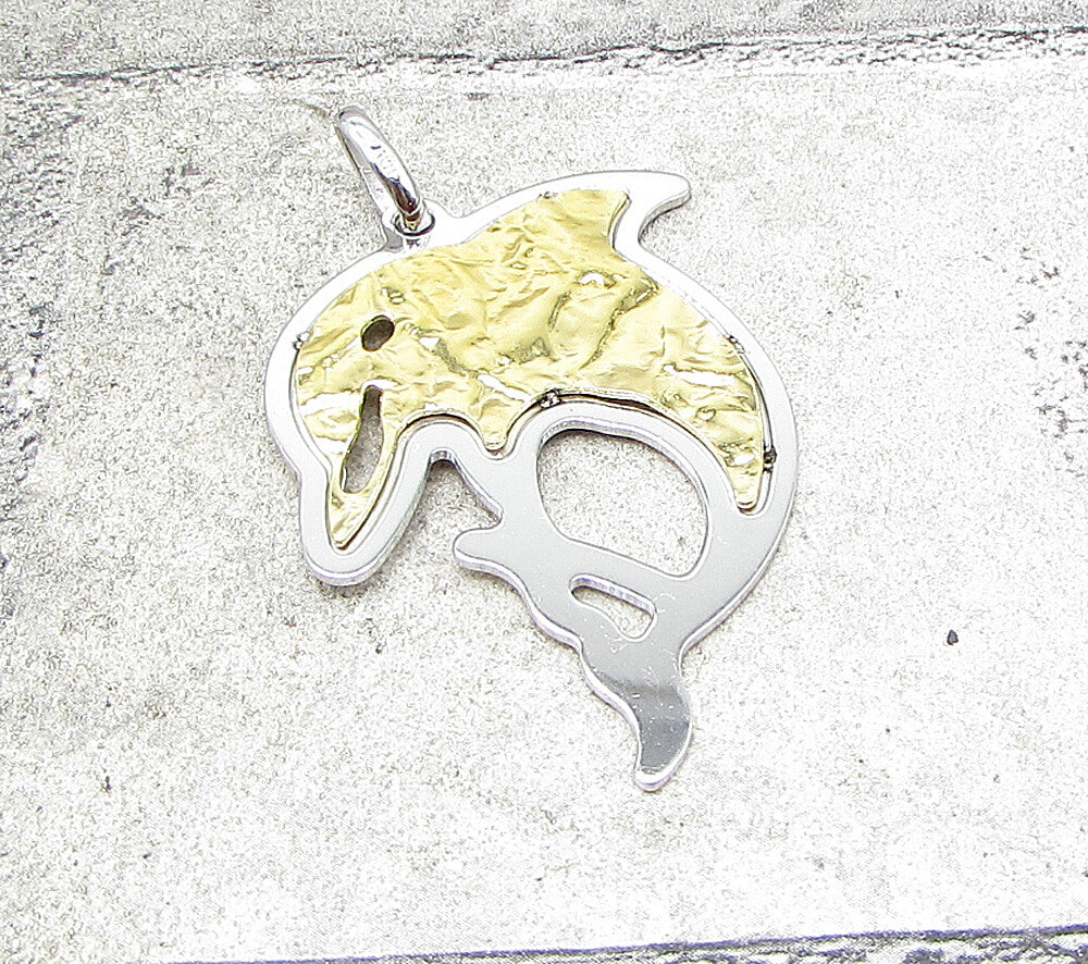 925 Sterling Silver Hammered 2 Tone Jumping Dolphin Drop Pendant PT1439