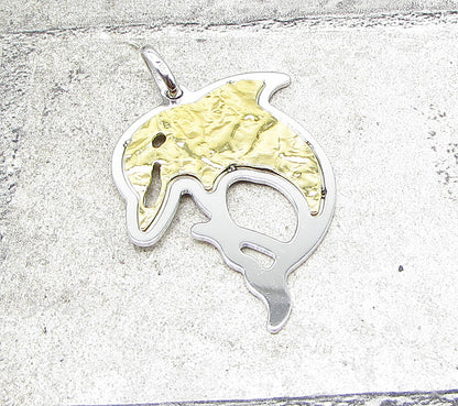925 Sterling Silver Hammered 2 Tone Jumping Dolphin Drop Pendant PT1439