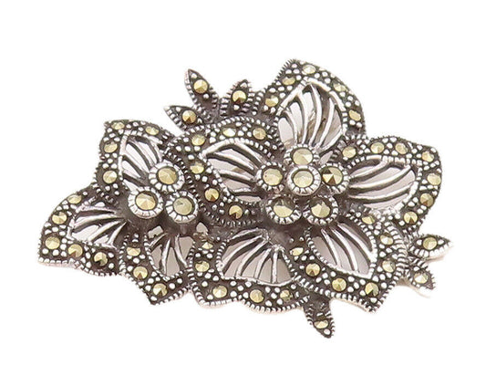 925 Sterling Silver Vintage Brooch Pin Floral Carved Marcasite Border  BP10812
