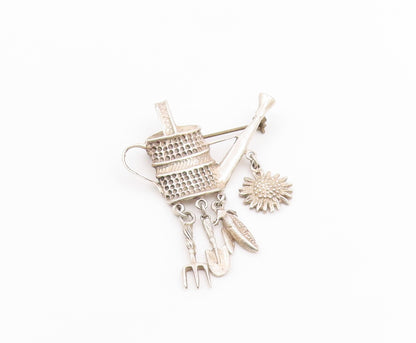 MEXICO 925 Sterling Silver  Vintage Charmed Watering Can Brooch Pin  BP3149