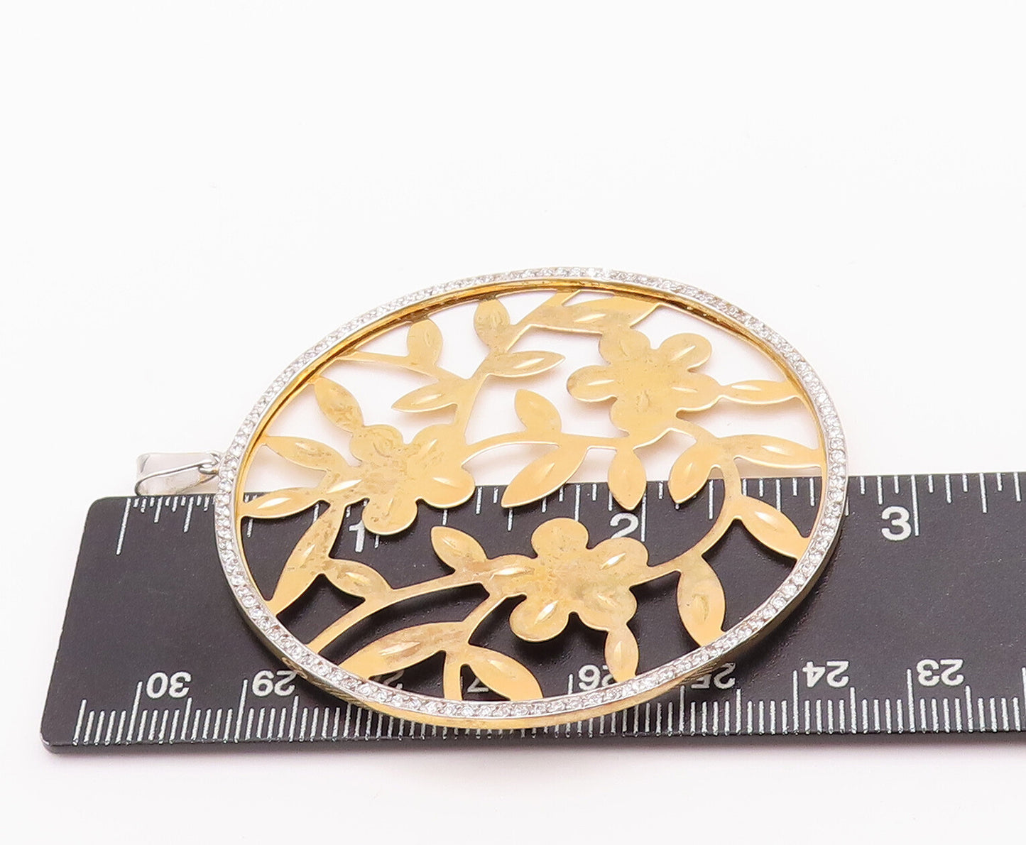 925 Sterling Silver Vintage Pendant Round Floral Stencil Cutout CZ Frame PT23259