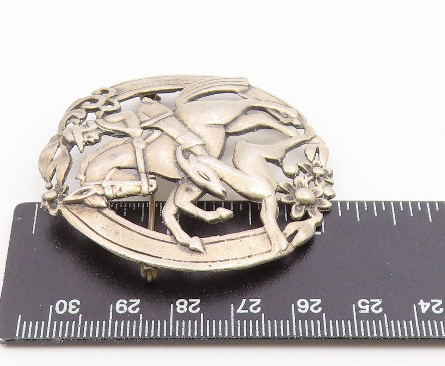 925 Sterling Silver Vintage Brooch Pin Equestrian Hunter & Deer Chase  BP12670