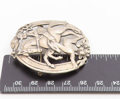 925 Sterling Silver Vintage Brooch Pin Equestrian Hunter & Deer Chase  BP12670