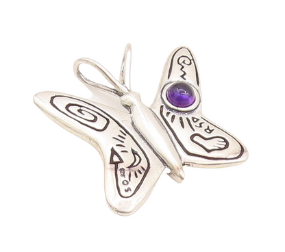 925 Sterling Silver Vintage Pendant Amethyst Swirly Etched Butterfly  PT23468