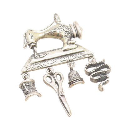 925 Sterling Silver Vintage Brooch Sewing Machine With Dangling Charms  BP11686