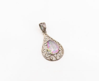 925 Sterling Silver Vintage Pendant Mystic Topaz Swirly Teardrop Charm  PT25315