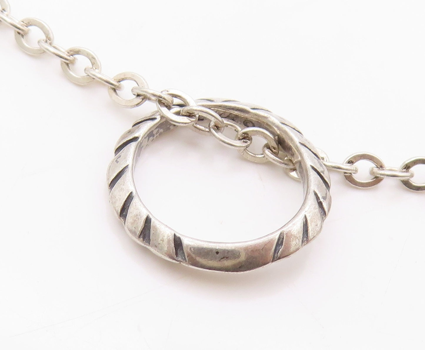 925 Sterling Silver Vintage Necklace CAROLYN POLLACK Carved Ring Chain  NE4556
