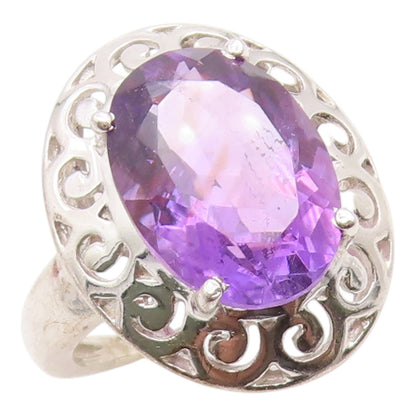 925 Sterling Silver Vintage Ring Amethyst Scroll Cutout Band  Sz 7  RG36137