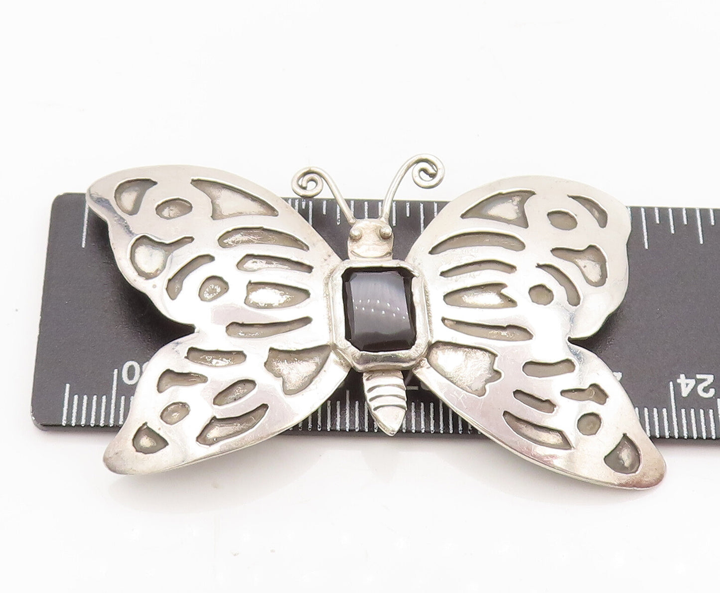 925 Sterling Silver  Vintage Lab Spinel Onyx Butterfly Brooch Pin  BP10518