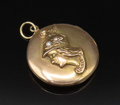 10K GOLD  Vintage Antique Carved Lady & Cultured Pearl Pendant (OPENS)  GP542