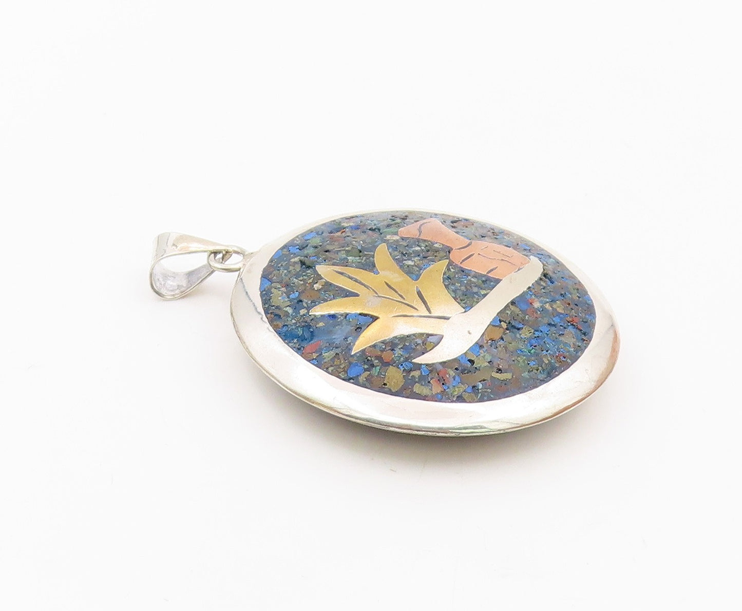 MEXICO 925 Silver  Vintage Crushed Jasper & Lapis Lazuli Sea Pendant  PT20265