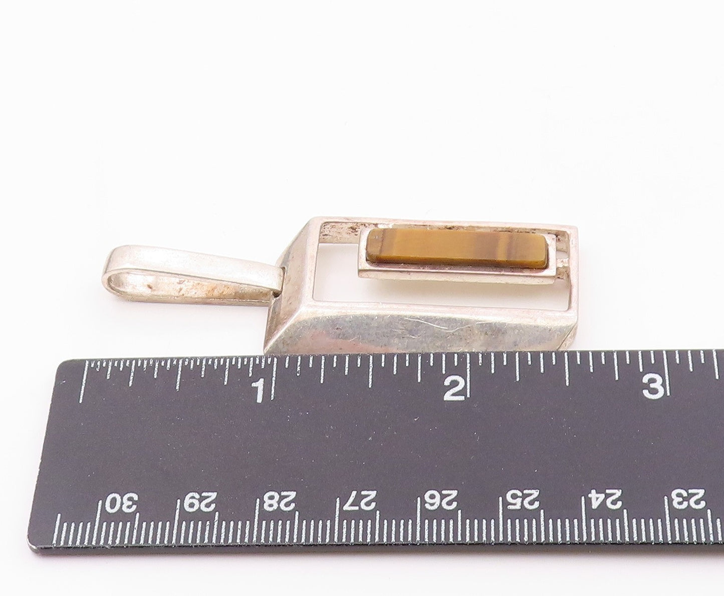925 Sterling Silver  Vintage Open 3D Rectangle & Tiger's Eye Pendant  PT21816