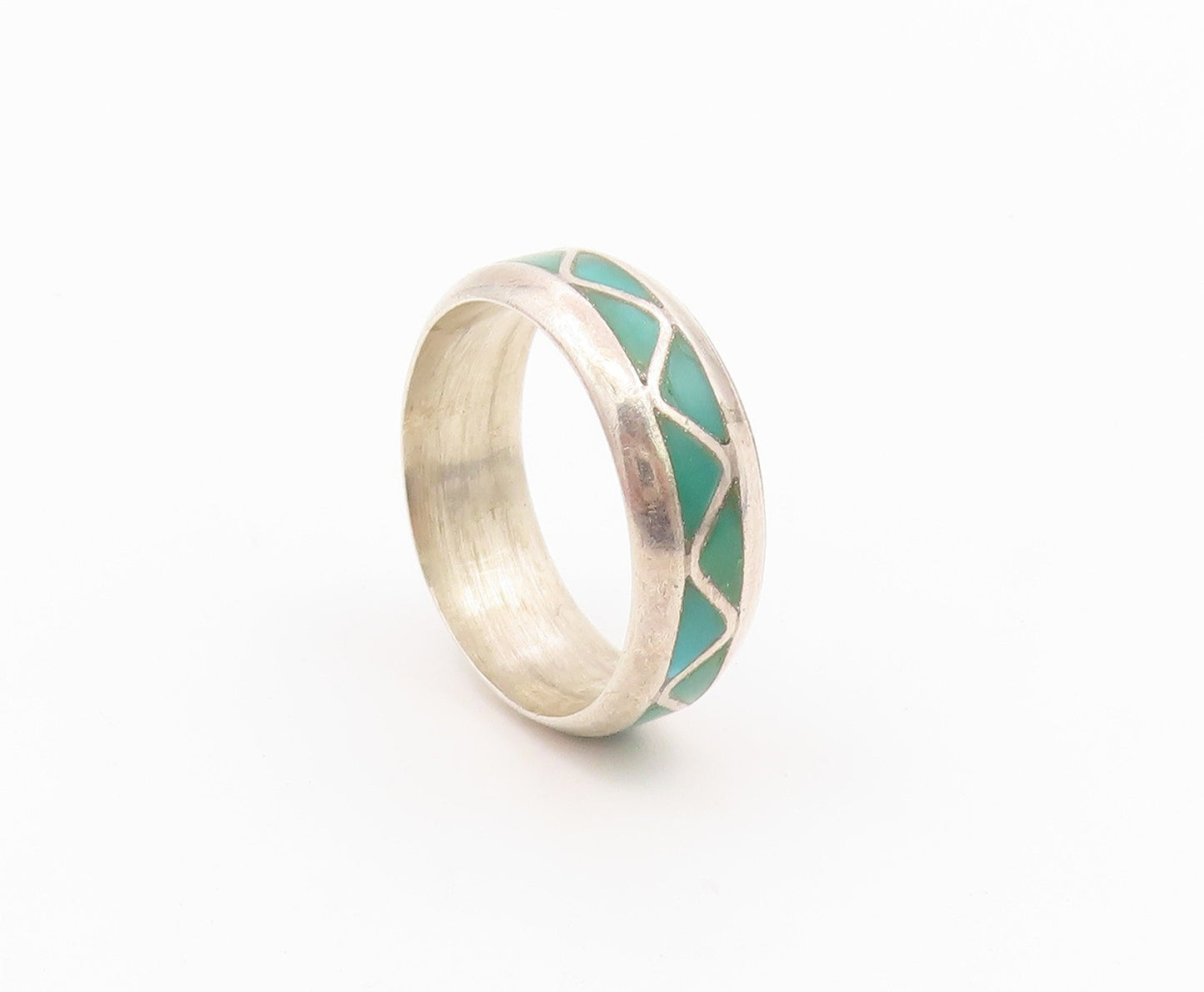 925 Sterling Silver Vintage Ring NAVAJO ZUNI Turquoise Weave Inlay Sz 7 RG36628