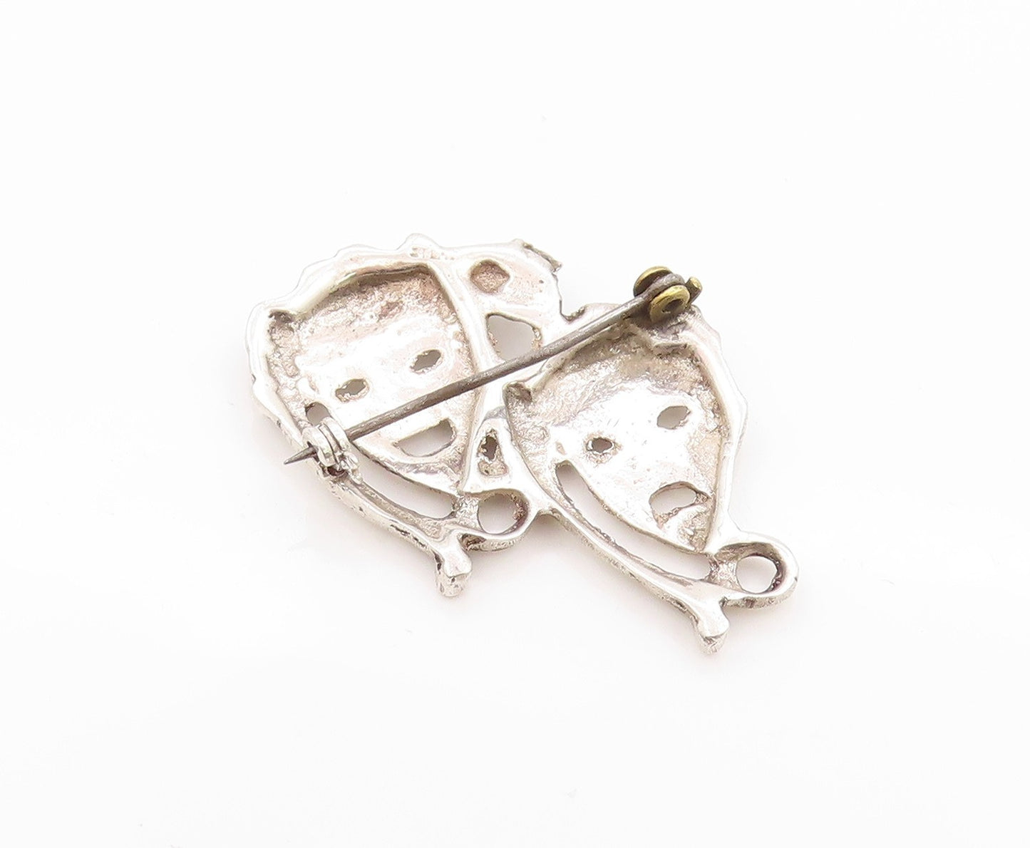 925 Sterling Silver Vintage Brooch Happy & Sad Mime Faces Carved  BP11646