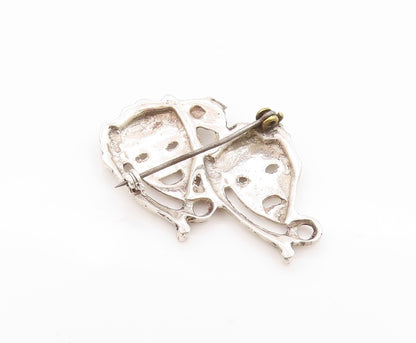 925 Sterling Silver Vintage Brooch Happy & Sad Mime Faces Carved  BP11646