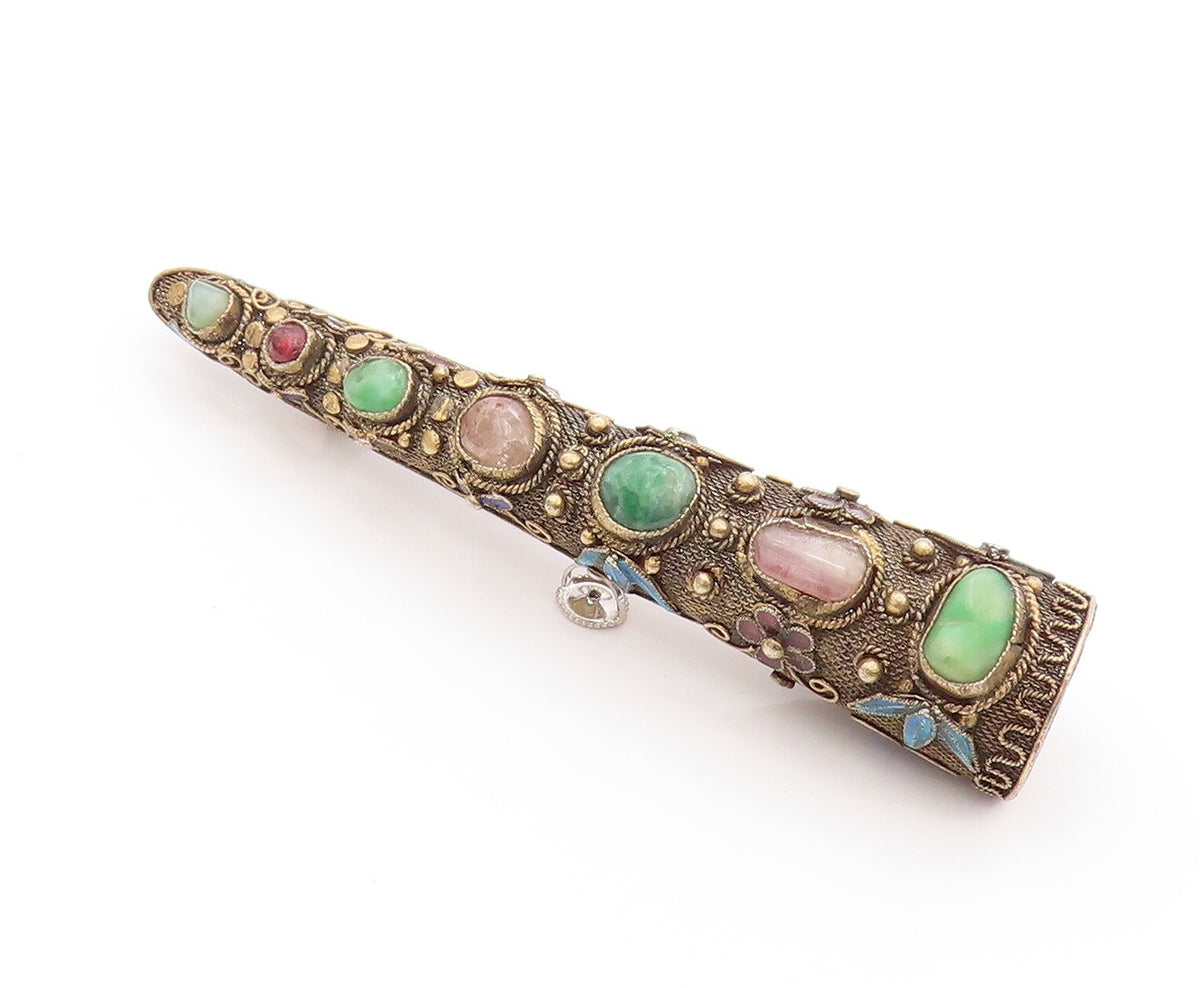 925 Sterling Silver Vintage Brooch CHINESE EXPORT Gold Plated Gemstones  BP11531