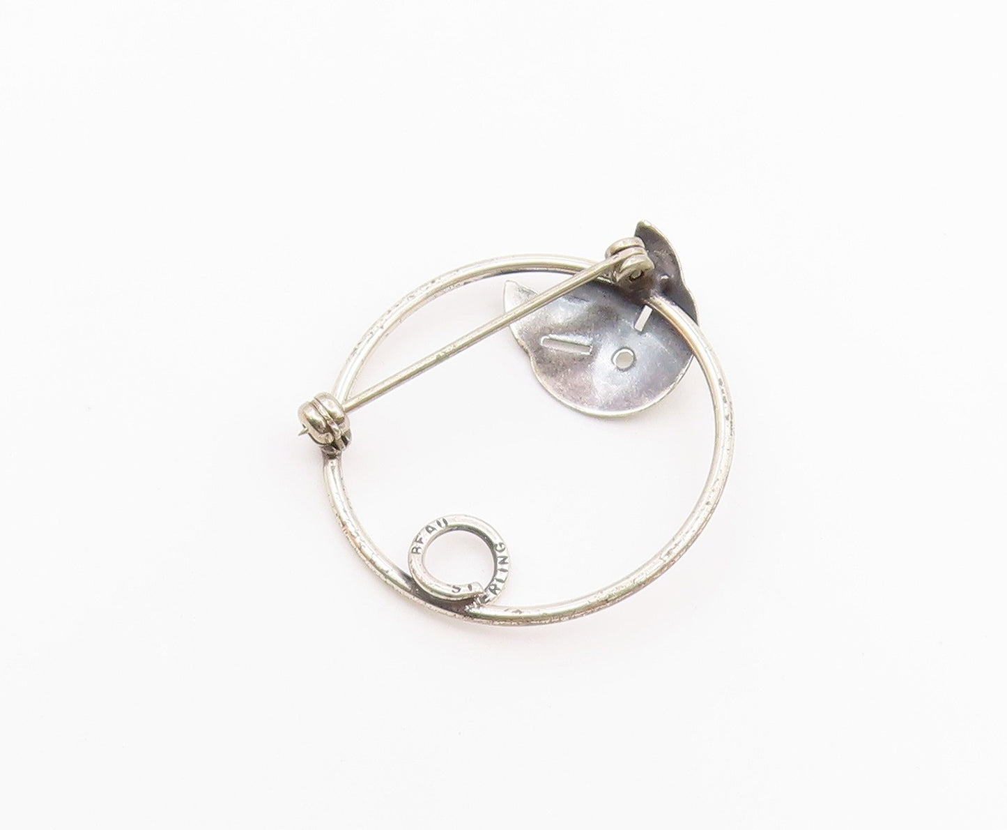BEAU 925 Silver  Vintage Round Kitty Cat Head & Tail Brooch Pin  BP10074