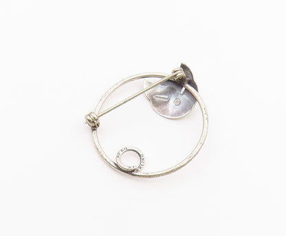 BEAU 925 Silver  Vintage Round Kitty Cat Head & Tail Brooch Pin  BP10074