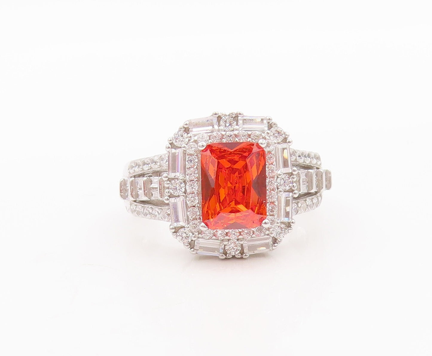 925 Sterling Silver Vintage Ring Rectangle Cut Orange & White CZ  Sz 7  RG29448