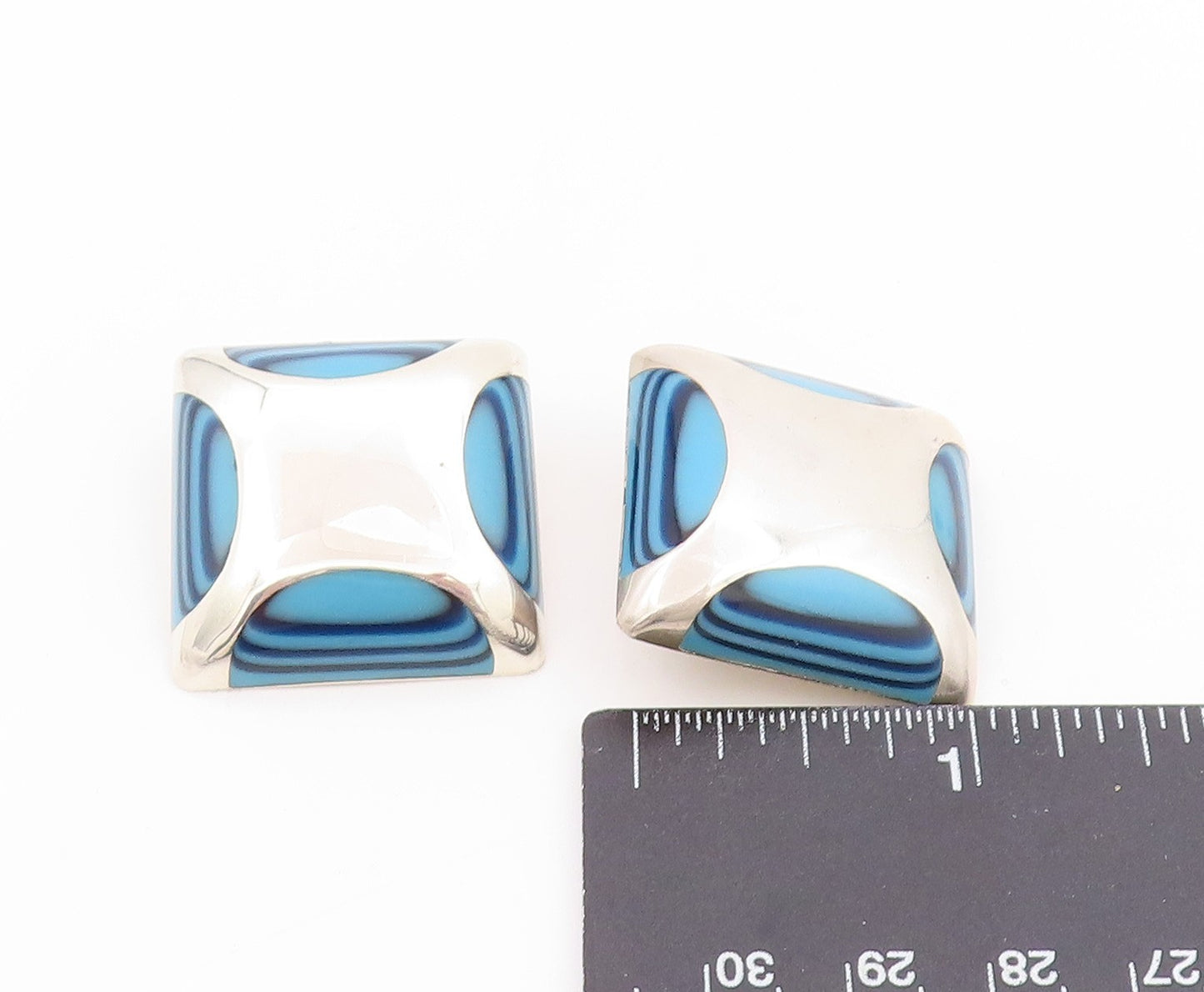 925 Sterling Silver Vintage Earrings MEXICO Blue Agate Geometric Clip On EG14039