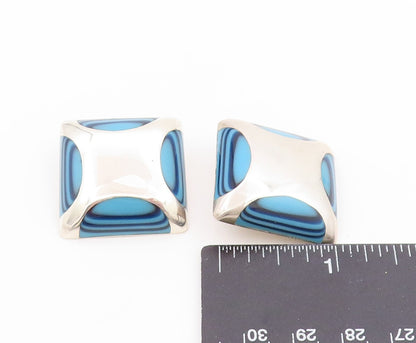 925 Sterling Silver Vintage Earrings MEXICO Blue Agate Geometric Clip On EG14039