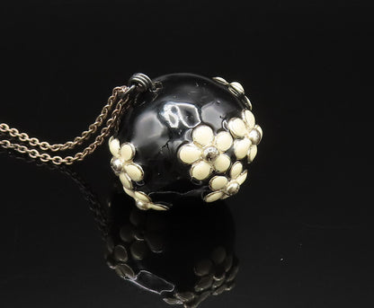 DESIGNER 925 Silver  Vintage Enamel Flowers & Sphere Chain Necklace  NE3972