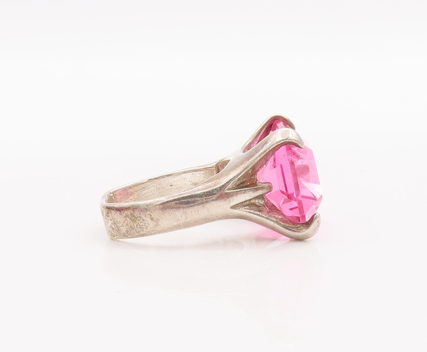 925 Sterling Silver Vintage Ring Large Rectangle Cut Pink CZ  Sz 5.5  RG28305