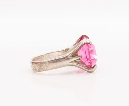 925 Sterling Silver Vintage Ring Large Rectangle Cut Pink CZ  Sz 5.5  RG28305