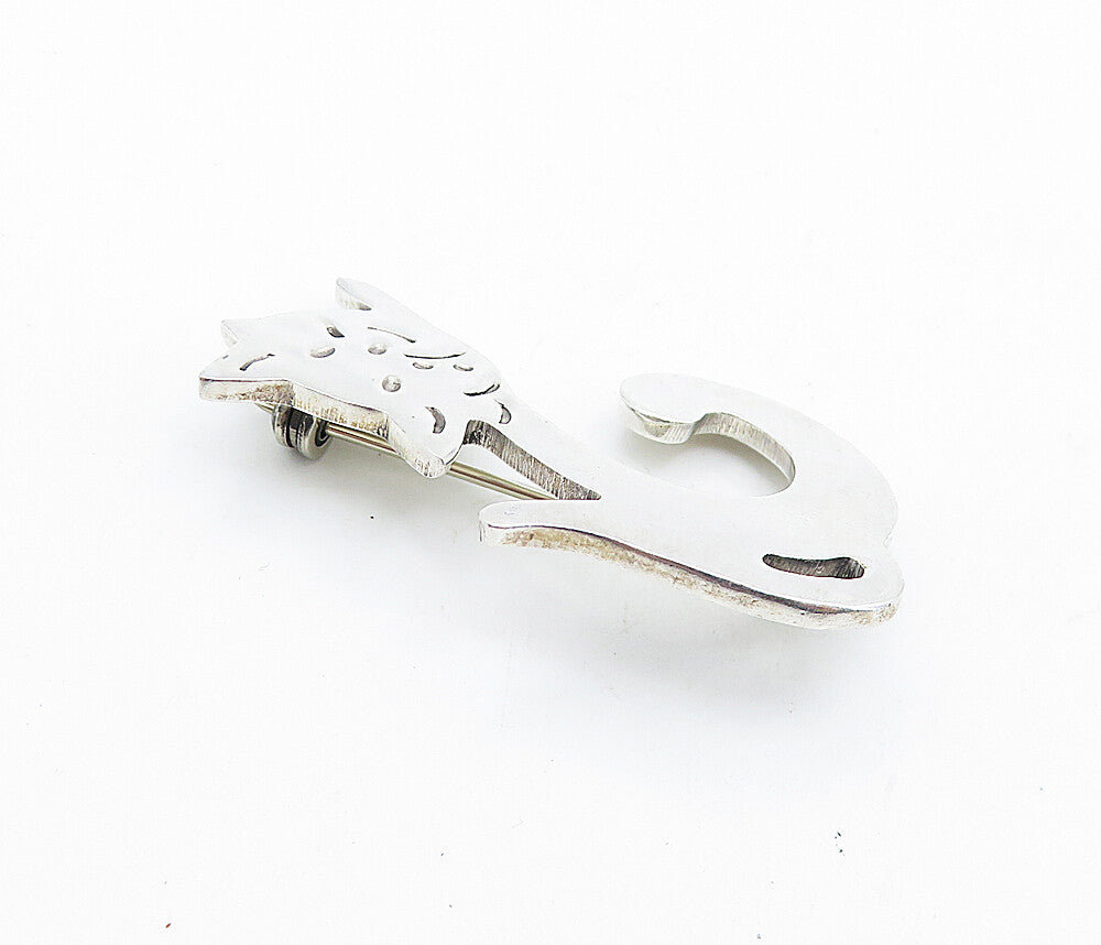 MEXICO 925 Sterling Silver  Vintage Shiny Etched Cat Motif Brooch Pin  BP2632