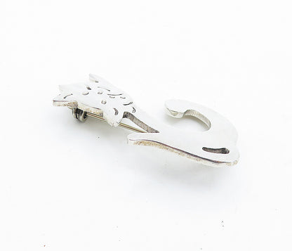 MEXICO 925 Sterling Silver  Vintage Shiny Etched Cat Motif Brooch Pin  BP2632