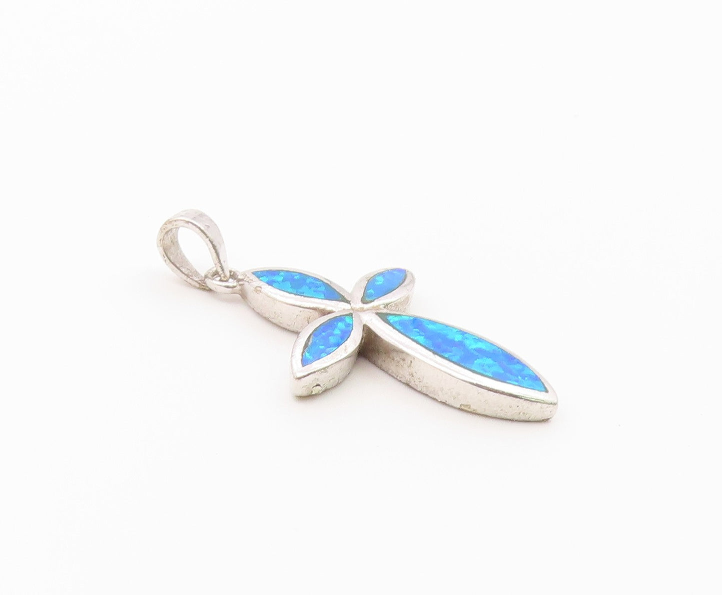 925 Sterling Silver  Vintage Blue Fire Opal Religious Cross Pendant  PT18637